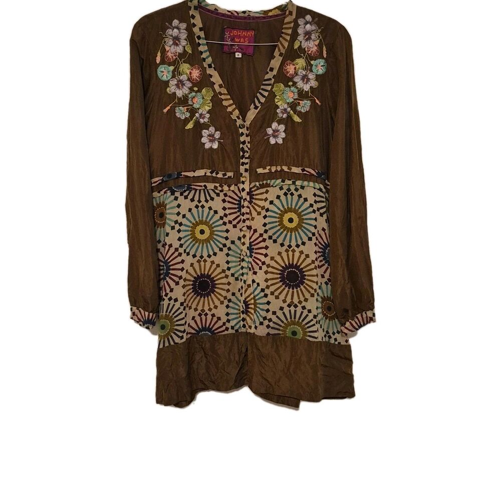 Johnny Was Brown Embroidered V-Neck Tunic with Multicolor Medallion Panel